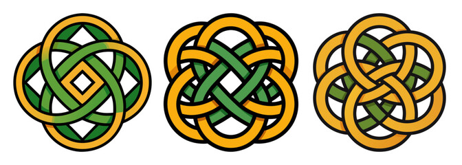 Three intricate Celtic knot designs in green and gold on white