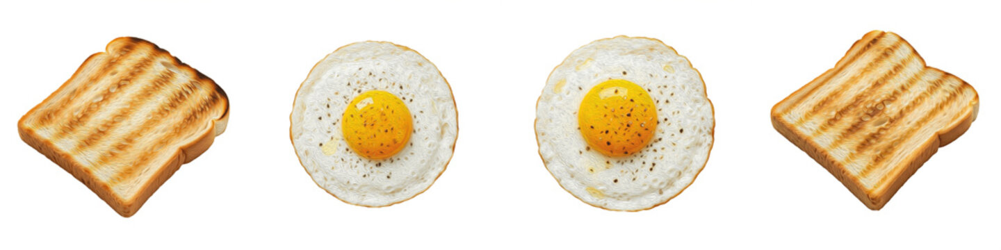 Fried Egg and Toast Bread Breakfast Set, Simple Morning Meal Isolated on White Background &ndash; Image Set