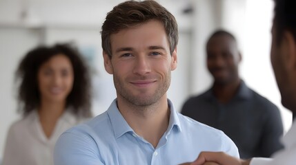 Business professionals shaking hands in a modern office symbolizing teamwork and successful collabo n