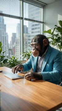 Primate in office attire working on computer with city view