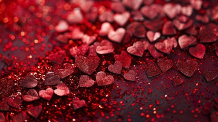 Red Glitter Hearts on a Dark Background