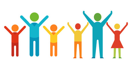 Fototapeta premium Diverse group of colorful stylized people with raised arms on white