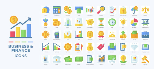 Business and finance icons set collection, featuring banking, investment, accounting, payments, growth, contracts, and corporate communication for web, app, and marketing use.