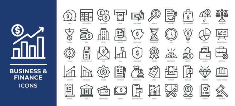 Business and finance icons set collection, featuring banking, investment, accounting, payments, growth, contracts, and corporate communication for web, app, and marketing use.