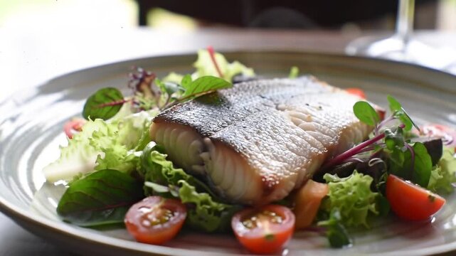 Savoring a delicious plate of fish and salad on a sunny outdoor table setting captured in a close-up shot