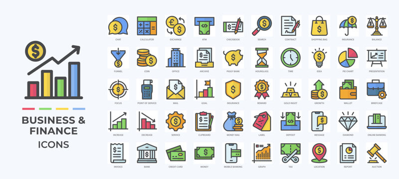 Business and finance icons set collection, featuring banking, investment, accounting, payments, growth, contracts, and corporate communication for web, app, and marketing use.