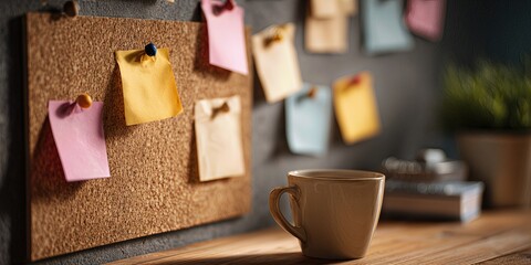 Creative Corner: A cozy workspace comes alive with a corkboard adorned with colorful sticky notes, a mug of coffee, and a hint of greenery creating an environment of focused creativity and ideas.