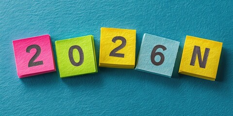 Vision for 2026: An optimistic composition of colorful sticky notes, vividly displaying the year 2026, offering a promise of innovative and exciting times, set against a serene backdrop of azure.