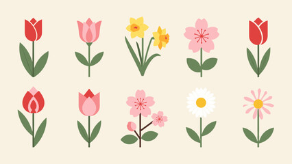 Assorted illustrated flowers in a grid featuring tulips and daisies in soft pastel colors.