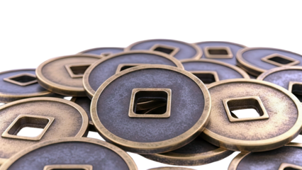 Pile of Ancient Chinese Coins with Square Holes