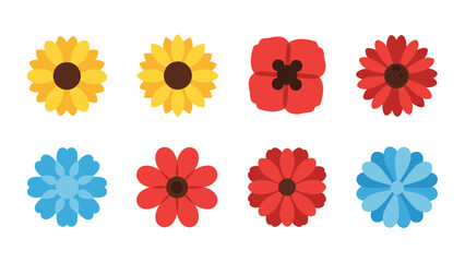Fototapeta premium Colorful bouquet of flowers featuring blue, red, and yellow blossoms arranged in a bright garden pattern.