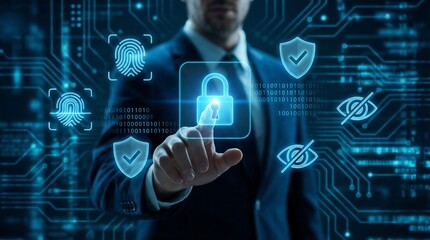 A professional businessman interacts with a futuristic digital interface, surrounded by security icons and binary code, conveying a sense of cutting-edge cybersecurity and data protection.