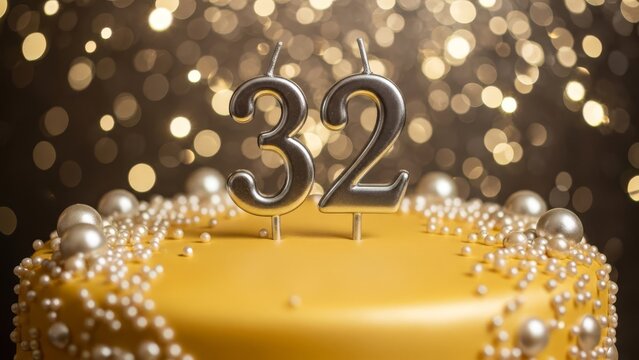 Gold Pearl Decorated Birthday Cake with Silver Number 32 Candles and Dramatic Bokeh