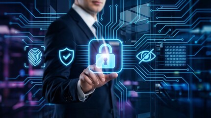 A businessman interacts with digital security icons on a futuristic circuit board background, symbolizing data protection and cyber safety in a modern, high-tech environment.
