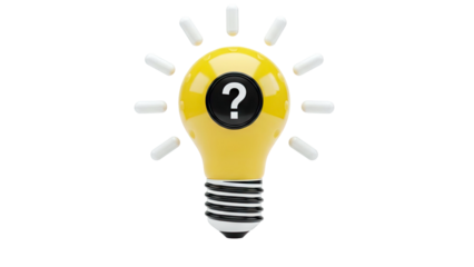 Yellow light bulb with question mark and radiating lines