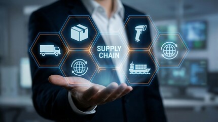 A businessman presents a supply chain management concept with interactive icons, symbolizing modern logistics and global commerce.