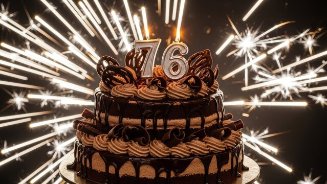 Dramatic Chocolate Birthday Cake with Silver Number 76 Candles and Light Bursts