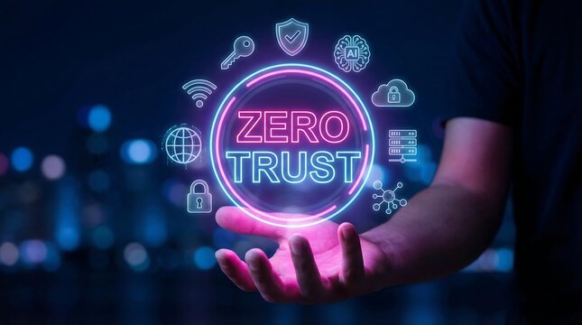 A futuristic representation of the Zero Trust cybersecurity model, with a person's hand cradling a glowing neon circle surrounded by security-related icons, conveying a sense of protection and safety - Powered by Adobe