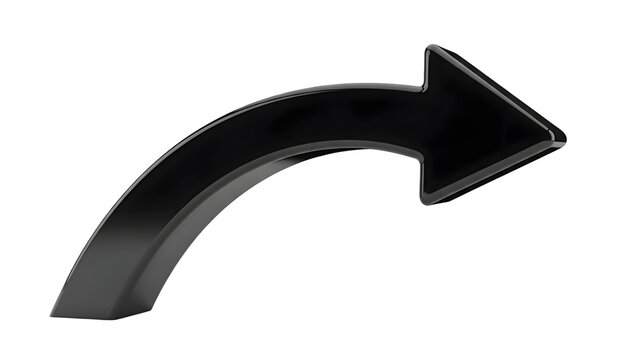 A sleek 3D rendered black arrow curves upwards and to the right against a solid black background symbolizing direction and progress