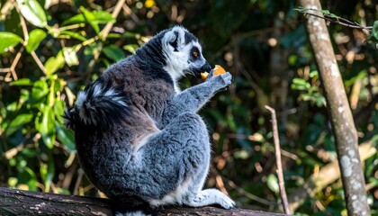 Fototapeta premium A Ring-tailed primate enjoys a snack while perched on a tree branch, foliage provides a lush background