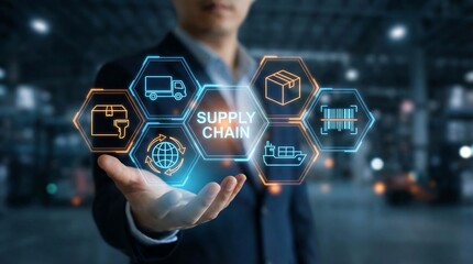 Businessman presenting supply chain management concept with interactive icons in a modern warehouse setting, symbolizing innovation and efficiency in logistics and transportation.
