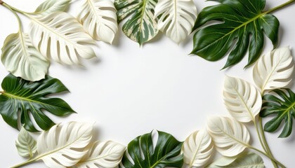 Fototapeta premium Tropical Foliage with Varied Leaf Shapes and Textures arranged around a Blank Space for Creative Use