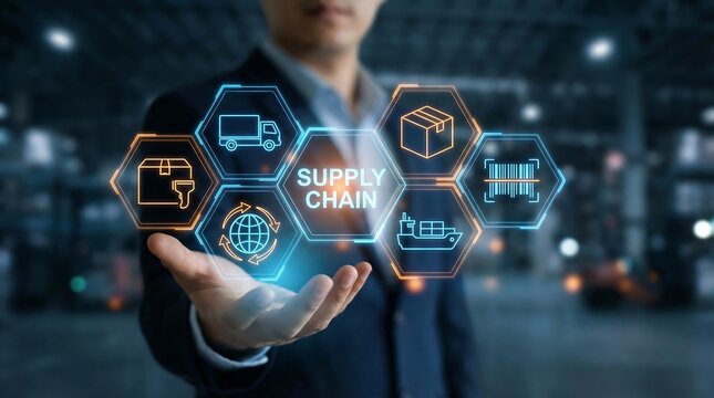 Businessman presenting supply chain management concept with interactive icons in a modern warehouse setting, symbolizing innovation and efficiency in logistics and transportation. - Powered by Adobe