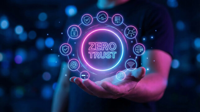 A futuristic cybersecurity concept featuring a zero trust model with icons in a person's hand, conveying protection, safety, and innovation in digital security.