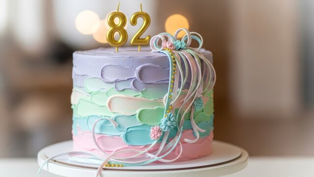Artistic Pastel Birthday Cake with Gold Number 82 Candles and Soft Ribbon Curls for Celebration
