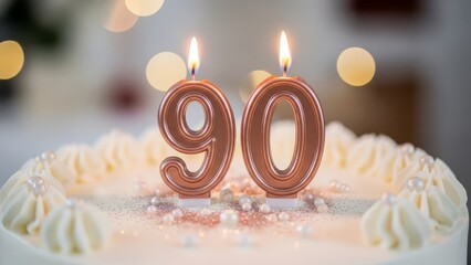 White Frosting Birthday Cake with Rose Gold Number 90 Candles and Romantic Shimmer