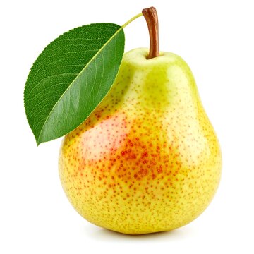 A ripe, yellow-green pear with reddish speckles, attached stem and large green leaf against a white background