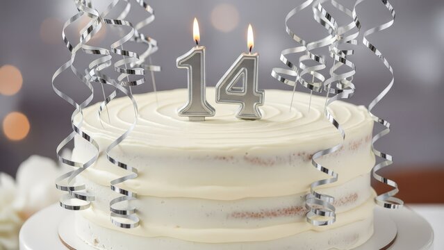 White Frosting Birthday Cake with Silver Number 14 Candles and Silver Streamer Curls
