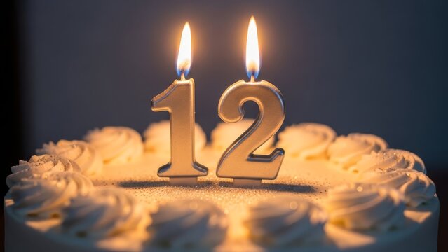 White Frosting Birthday Cake with Silver Number 12 Candles and Youthful Playful Glow