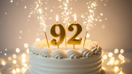White Frosting Birthday Cake with Gold Number 93 Candles and Bokeh Highlights