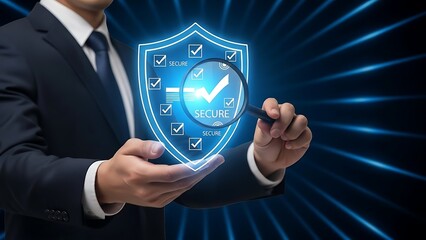 Businessman ensuring cybersecurity with secure shield and magnifying glass