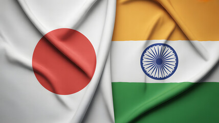 Stunning draped flags of Japan and India symbolize strong bilateral relations and global partnership, perfect for news and business.