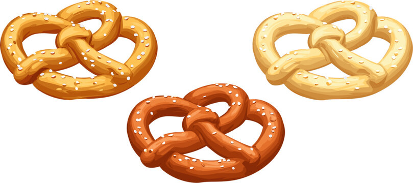 Set of cute cartoon pretzels in different colors, in clip art style, isolated on white background