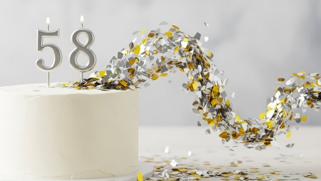 White Birthday Cake with Silver Number 58 Candles and Metallic Confetti Sweeping