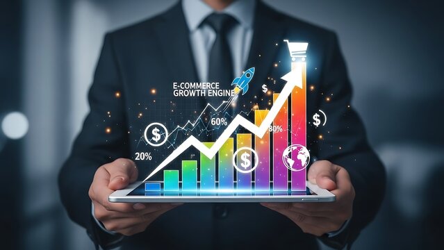 Businessman analyzing e-commerce growth engine on tablet with colorful graph