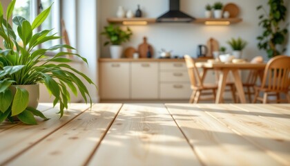 Bright and Modern Kitchen Interior with Wooden Table and Green Plant in Contemporary Home Setting