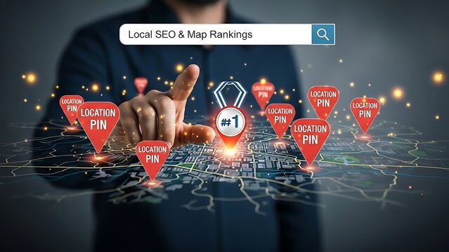 Businessman optimizing local SEO rankings on digital map interface