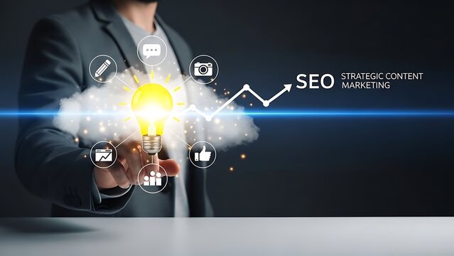 Businessman holding glowing lightbulb with SEO marketing strategy concepts - Powered by Adobe