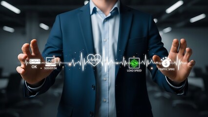 Businessman presenting digital health monitoring interface with server and traffic stats