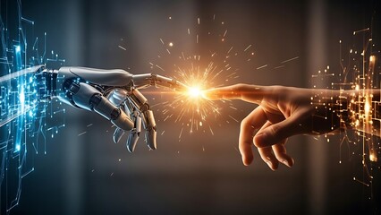 Human hand and robotic arm touching, creating a spark of light with digital particles surrounding them
