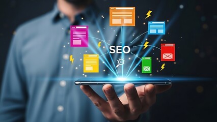 Man optimizing SEO on smartphone with web icons and lightning bolts