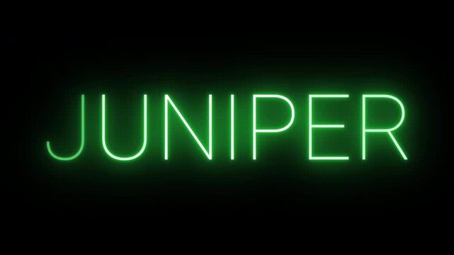 Flickering neon green glowing Juniper sign animated black background.