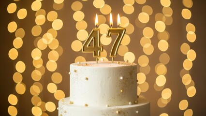 White Birthday Cake with Gold Number 47 Candles and Bright Gold Bokeh
