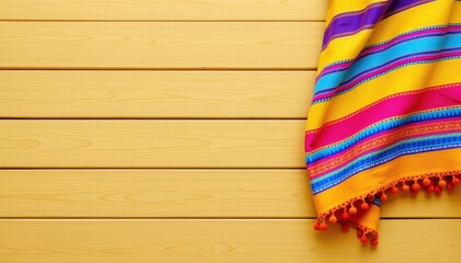 Obraz premium Colorful textile with vibrant stripes and pom pom details on a wooden background for creative design applications