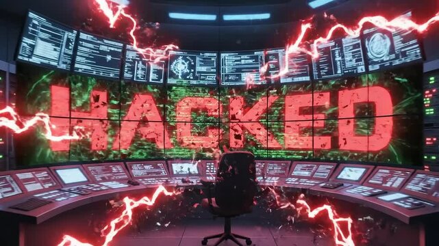 "Starting Soon" "HACKED" message on control room screens with red lightning, cyber security breach concept