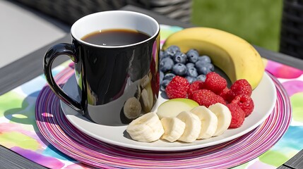 Sunlit Flatlay of Tea and Fruit on Colorful Woven Mat